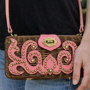 Isabella Fiore Elegant Pink and Brown Woven Rattan Wicker Clutch